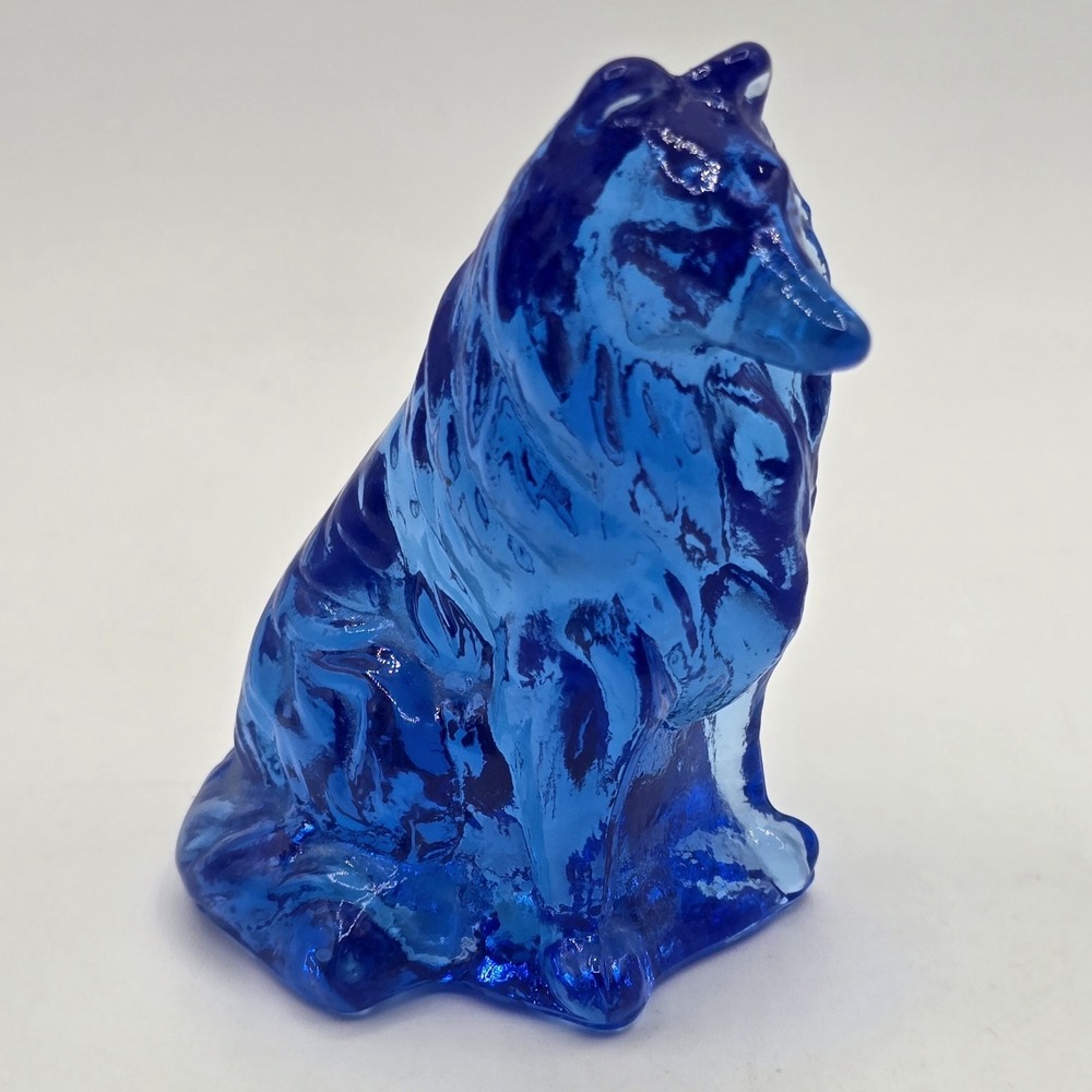 Vintage Mosser Glass Blue Collie Dog Figurine Paperweight 3"